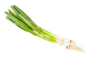 bunch of green spring garlic isolated on white photo