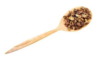 top view of pink sichuan pepper in wood spoon photo