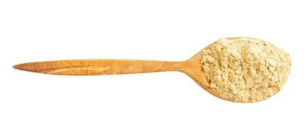 top view of wood spoon with ginger powder isolated photo