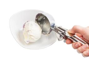 putting ball of ice cream in bowl by disher scoop photo