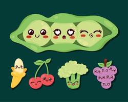 five kawaii fruits and vegetables vector