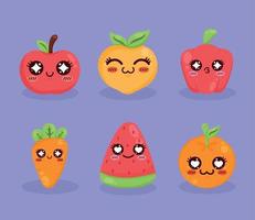 seis frutas y verduras kawaii vector
