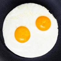 top view of two fried eggs on black plate photo