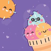 sun and ice cream kawaii vector