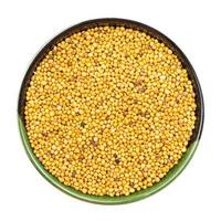 semillas amarillas de mostaza en un recipiente redondo aislado foto