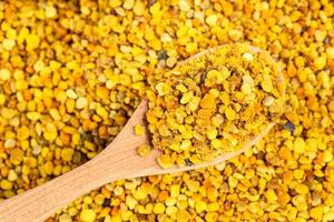 wooden spoon with natural bee pollen on bee bread photo