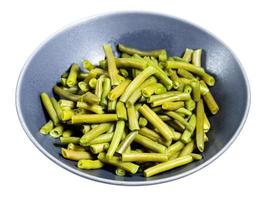 portion of boiled green bean in gray bowl isolated photo