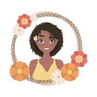 mujer afro con marco floral vector