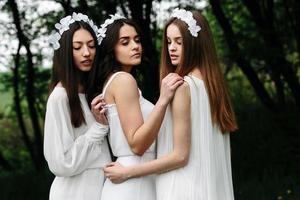 Three charming girls  near a wooden house photo