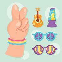 cinco iconos de la cultura hippie vector