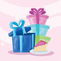 cuatro regalos y pastel vector