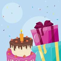 pastel de cumpleaños y confeti vector