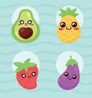 cuatro frutas y verduras kawaii vector