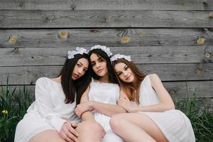 Three charming girls  near a wooden house photo