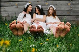 Three charming girls  near a wooden house photo