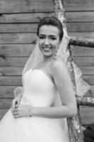 young beautiful Bride standing at the ladder photo