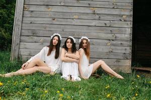 Three charming girls  near a wooden house photo