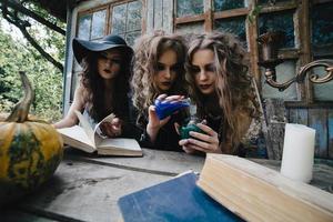 Three vintage witches perform magic ritual photo