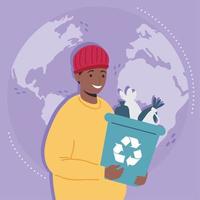 man with plastic bin to recycle vector