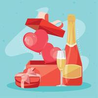 champán de san valentín con regalos vector