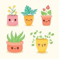 cinco iconos de plantas kawaii vector