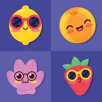 cuatro iconos kawaii de verano vector