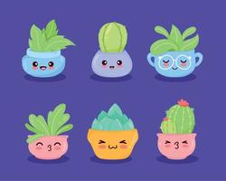 six kawaii plants icons vector