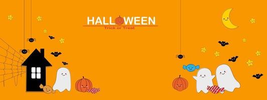 banner de feliz halloween o fondo de invitación de fiesta. halloween sobre fondo naranja. linda araña de caramelo de calabaza fantasma vector