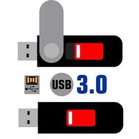 USB 3.0 flash drive device vector icon. Black USB flash drive with connection mark.