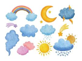 arcoiris de acuarela, nubes de lluvia, sol, luna, estrella, relámpagos, ilustración de viento vector