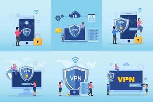 sistema de tecnología vpn, red privada virtual. navegador desbloquear sitio web, conexión de red segura y protección de la privacidad. vector