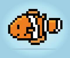 8 bit pixel clown fish. Animals for game assets in vector illustrations.