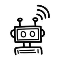 square robot with signal receiver antenna lineart vector illustration icon design with doodle hand drawn style