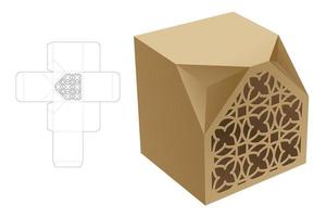 2 chamfered corner square gift box with stenciled luxury die cut template and 3D mockup vector