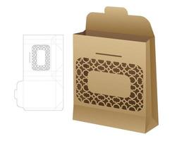 Flip cardboard bag with stenciled window die cut template and 3D mockup vector