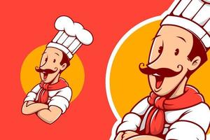chef cocinero maestro con bigote dibujos animados mascota emblema logo vector