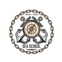 Sea school heraldic icon, compass, crossed anchors vector