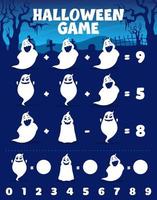 Math game worksheet with Halloween ghost character vector