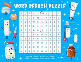 Cartoon medication characters, word search puzzle vector