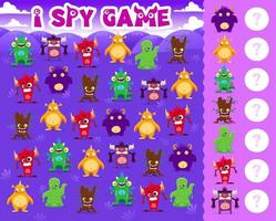 I spy game with cute cartoon monster characters vector