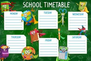Timetable with school stationery funny characters vector