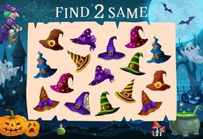 Halloween quiz game, find two same witch hats quiz vector