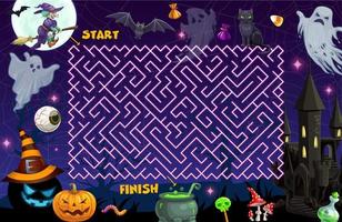 Halloween labyrinth maze, vector kids riddle,