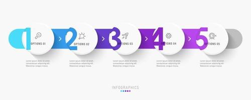 plantilla de diseño de etiquetas infográficas vectoriales con iconos y 5 opciones o pasos. se puede utilizar para diagramas de proceso, presentaciones, diseño de flujo de trabajo, banner, diagrama de flujo, gráfico de información. vector