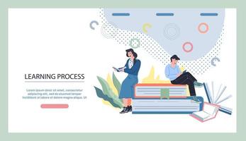 Website banner template depicting learning process on online courses with tiny people reading books. Online distance education and electronic educational sources. Flat vector illustration.