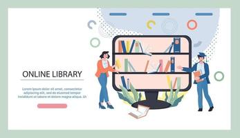 biblioteca en línea y pancarta de librería en línea con personas que reciben libros de las estanterías. Biblioteca electrónica y página de inicio de cursos de aprendizaje a distancia. ilustración vectorial plana. vector