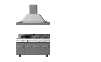 Cocina de restaurante 3d con estufa de gas, campana extractora aislada. cocina industrial moderna con concepto de equipo, ilustración de renderizado 3d png