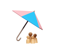 parapluie 3d protégeant la famille de modèles avec des figurines de poupées en bois isolées. famille heureuse, protection, concept d'assurance accident, illustration de rendu 3d png