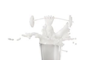 Éclaboussure d'ondulation de lait ou de yaourt 3d dans le verre avec des mains tenant des haltères isolés. illustration de rendu 3d png