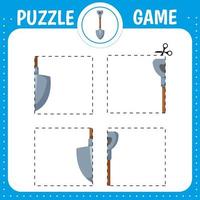 Puzzle game for kids. Cut and glue shovel. Cutting practice.  Education developing worksheet. Activity page. vector